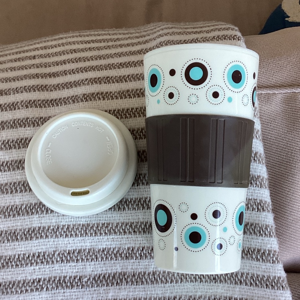 Kohl's White Travel Cup  with Lid with Blue Dot Label